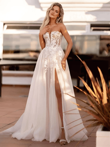 Elegant A-Line Wedding Dress Women's Lace Sweetheart Tulle Open Back Slit Strapless Bridal Gown Customized, Drestiny, Maxi Dresses, Off Shoulder, Strapless, Sleeveless, White, Ivory, Custom Made, Custom Colors, Custom Sizes, United States, USA, Canada, Australia, New Zealand, United Kingdom, UK, Plus Size Wedding Dresses, 2, 4, 6, 8, 10, 12, 14, 16, 14W, 16W, 18W, 20W, A-line bridal gown, lace a-line wedding dress, simple a-line wedding dress, shopdrestiny.com